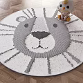 Round Rug With Adorable Lion Face Pattern In Gray And White Tones